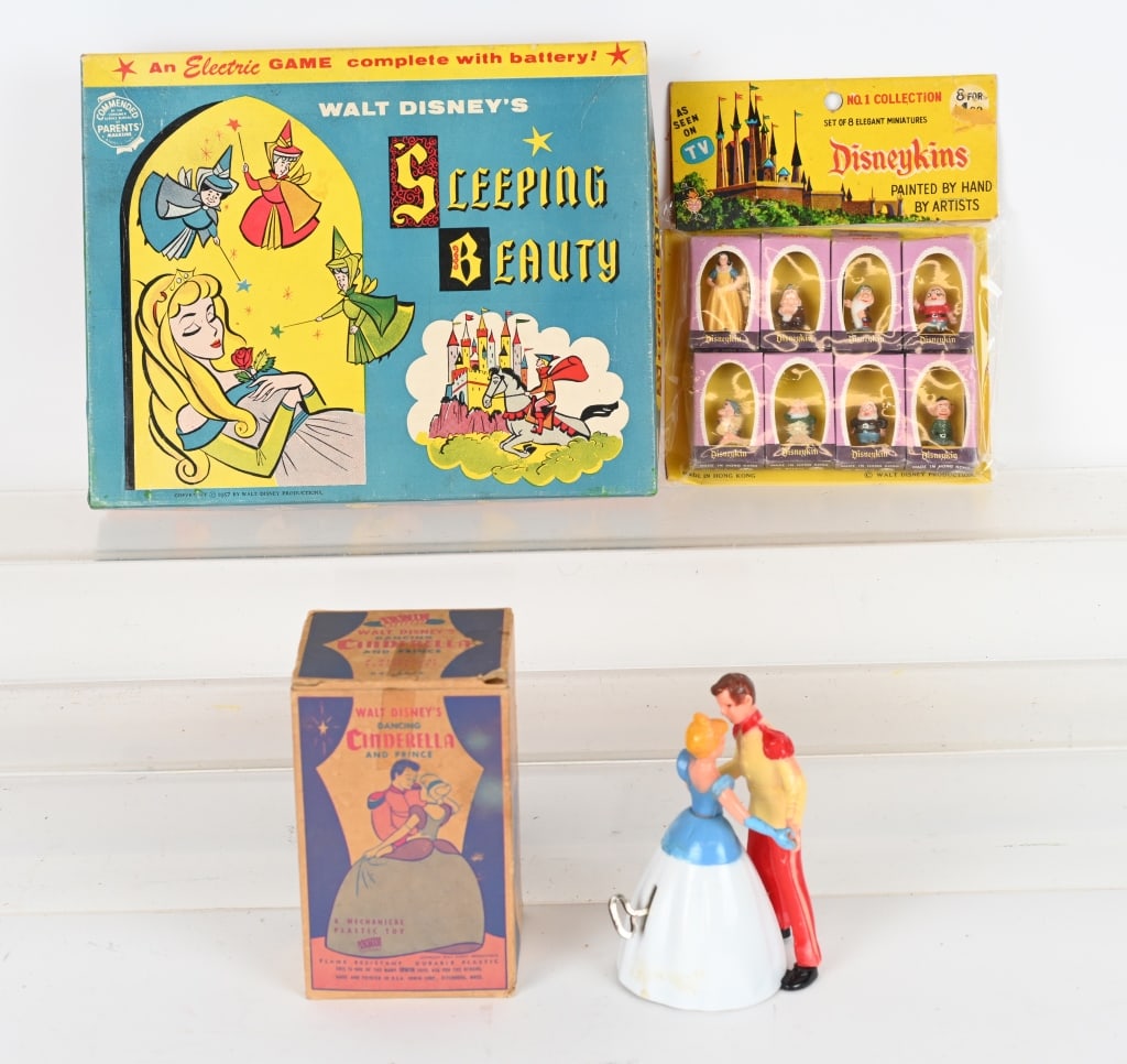 WALT DISNEY TOYS: Includes Marx Snow White and Dwarfs Disneykins on Card, Irwin Dancing Cinderella with Box, and Sleeping Beauty Game. Excellent