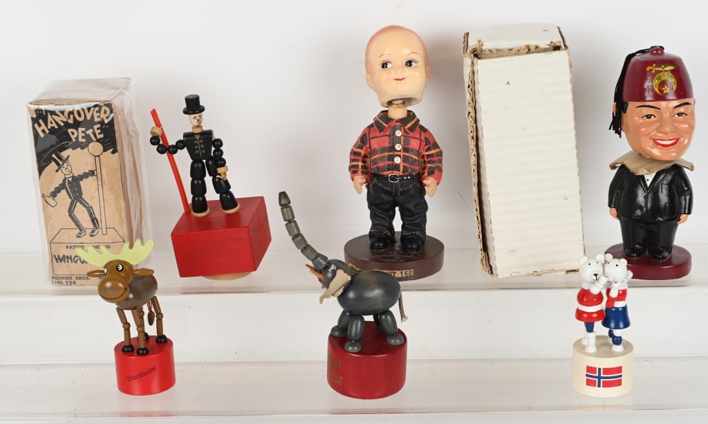 BOBBLE HEADS & PUSH PUPPETS: Includes Shriner Bobble Head with Box, Buddy L Bobble Head, Hangover Pete Push Puppet with Box, Moose Push Puppet, Elephant Push Puppet, and Norway Bears Push Puppets. Excellent
