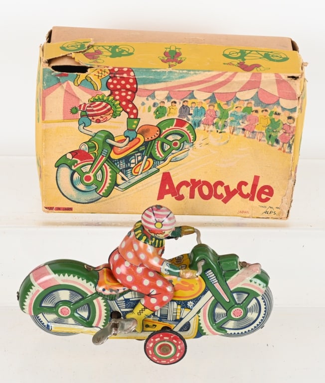 JAPAN TIN WINDUP CLOWN MOTORCYCLE w/ BOX: All original with great colors. Windup works. Boxed 6" Excellent