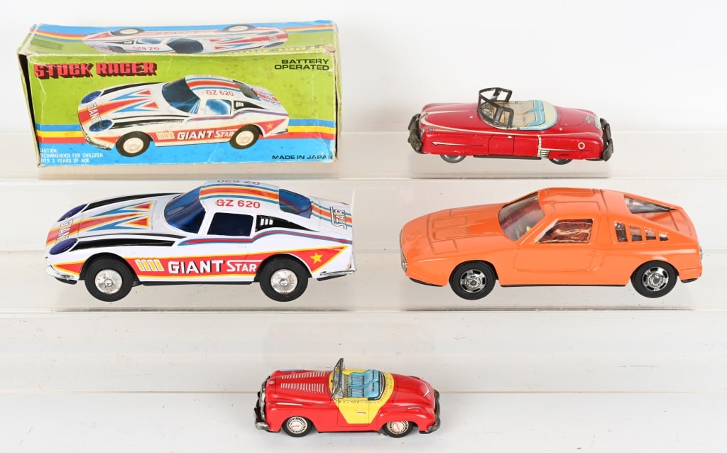 LOT OF JAPANESE TIN CARS: Includes Battery Operated Ferrari with Box, Friction Mercedes Benz, and 2 Tin Friction Cars. Largest 9" Excellent