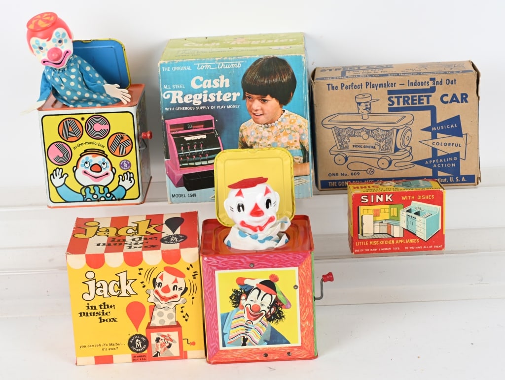 VINTAGE JACK IN BOXES & MORE: Includes 2 Jack in The Boxes, Cash Register in Box, Gong Bell Street Car with Box, and Sink with Dishes in Box. Largest 6" Excellent