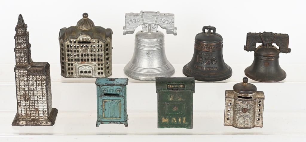 LOT OF STILL BANKS: Includes Liberty Bell Banks, Radio, US Mail, and Buildiong Banks. All in original condition. Largest 8" very Good-Excellent