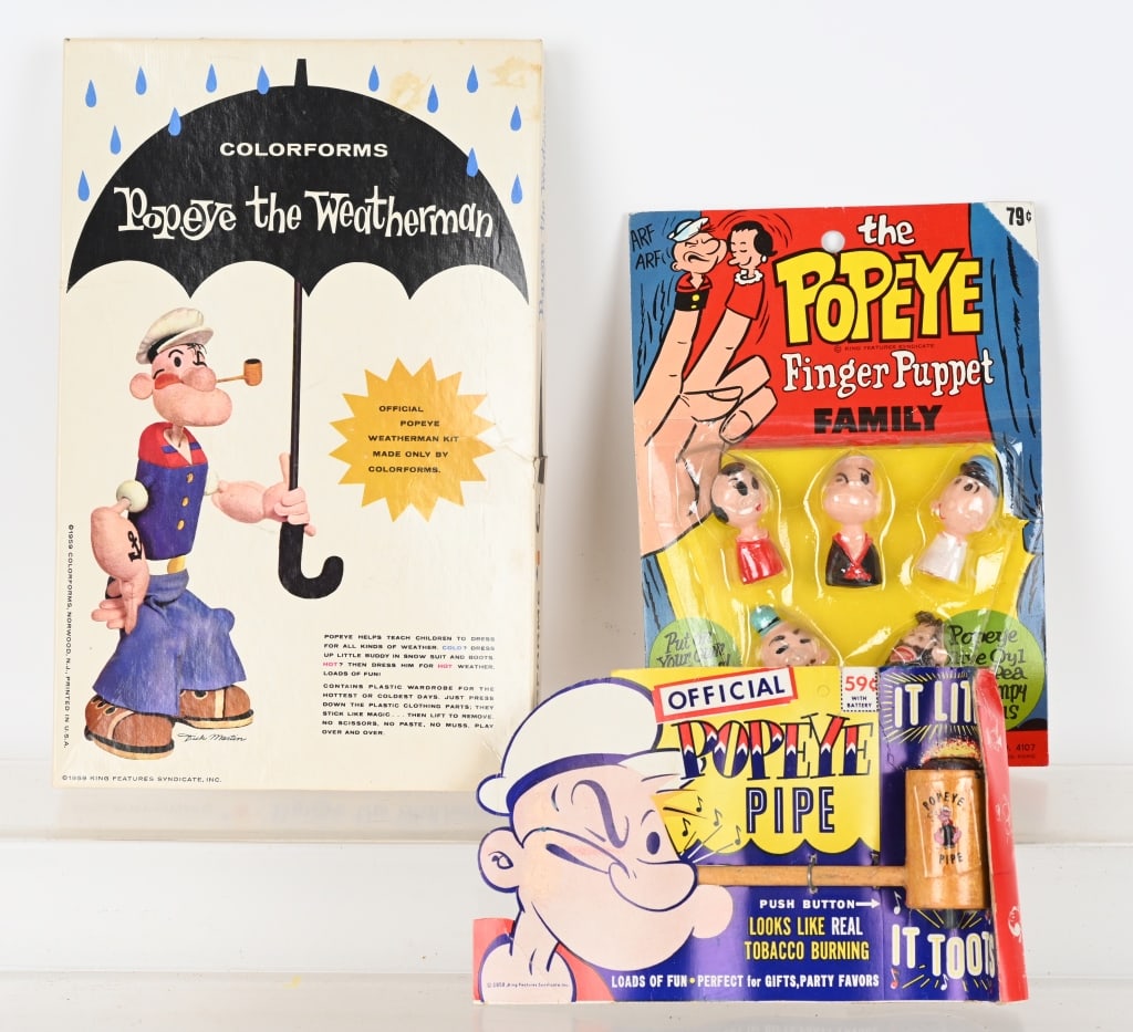 POPEYE LOT: Includes Popeye Pipe on Card, Popeye Finger Puppets on Card, and Popeye Weatherman Colorforms with Box. Excellent