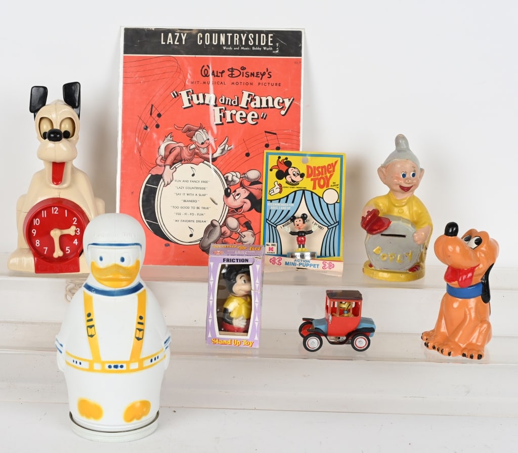 WALT DISNEY LOT: Includes Pluto Clock, Dopey Bank, Marx Friction Mickey Mouse with Box, Pluto Bank, Nabisco Wheat Puffs Donald Duck, and More. Excellent