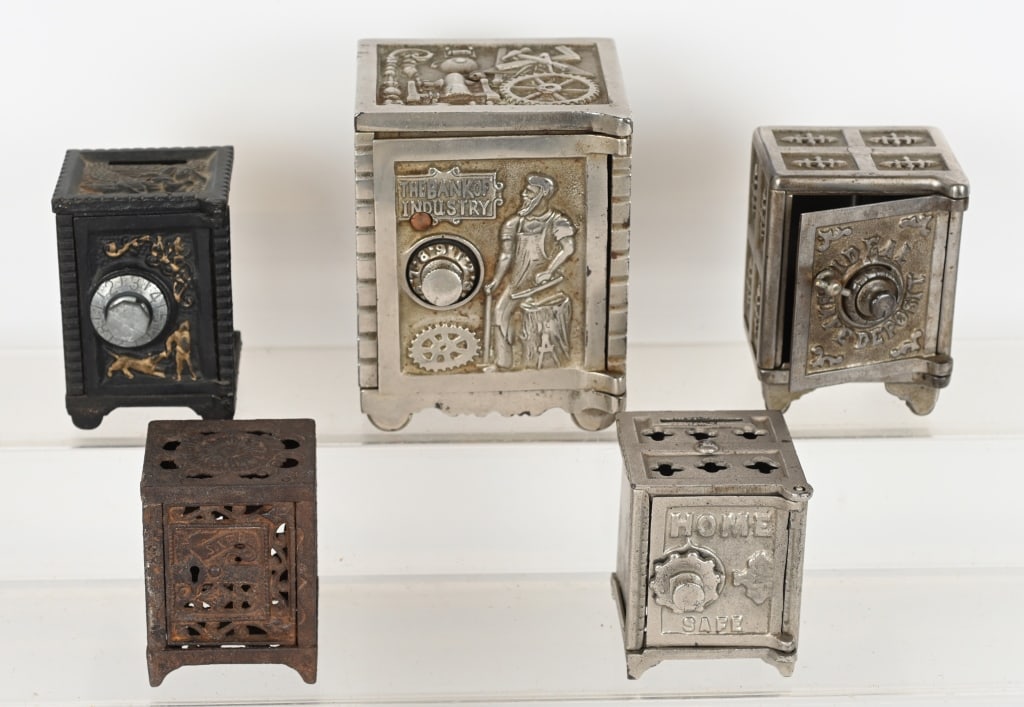 5- CAST IRON SAFE BANKS: Includes Bank of Industry, Ideal Safe Deposit Safe, Home Safe, Boy & Dog Safe, and Lattice Safe with loss. All original./ Largest 5 1/2" Very Good-Excellent