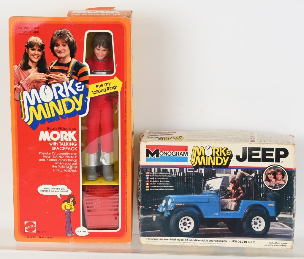 MORK & MINDY LOT: Includes Mattel Mork with Talking Spacepack Action Figure in Box and Monogram Mork and Mindy Jeep never assembled in Box. Excellent