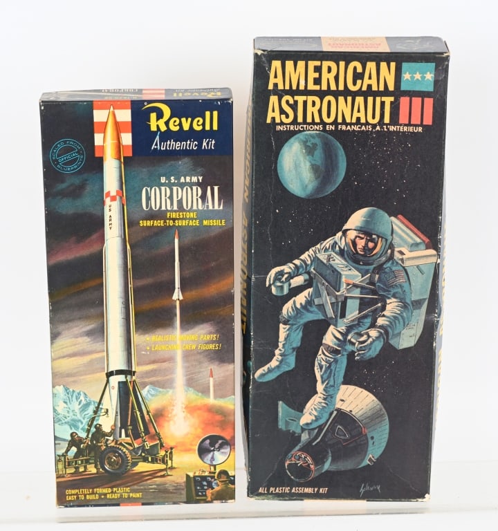 AURORA ASTRONAUT & CORPORAL MISSILE MODEL KITS: Includes American Astronaut and US Army Corporal Firestone Surface to Surface Missile Model Kits. Both never assembled in Boxes. Excellent
