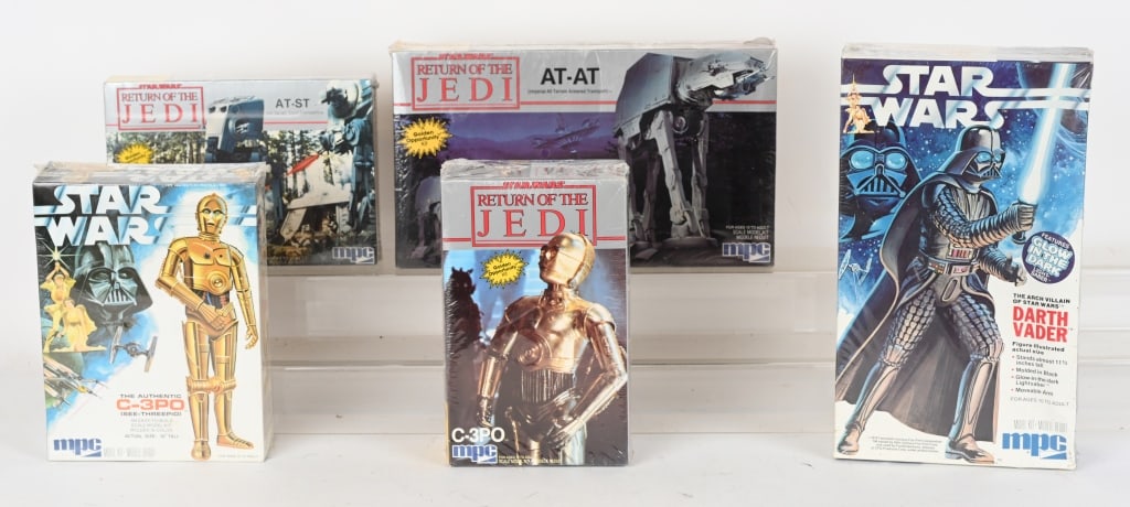 STAR WARS MODEL KITS: Includes Darth Vader Kit, 2- C-3PO Kits, AT-ST Kit, and At-At Kits. All never assembled sealed in Boxes