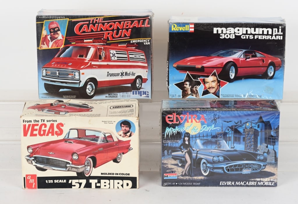 FAMOUS TV & MORE MODEL KITS: Includes Magnum PI Ferrari, The Cannonball Run Van, Elvira Macabre Mobile, and Vegas 57 T-Bird Model Kits. Mostly sealed