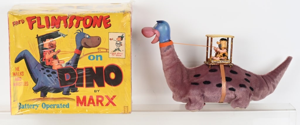 MARX BATTERY OP FRED LINTSTONE ON DINO w/ BOX: Marx battery operated Fred Flintstone on Dino. All original and complete. Toy has nice colors. The on/off switch is missing. Comes with Box. 15"