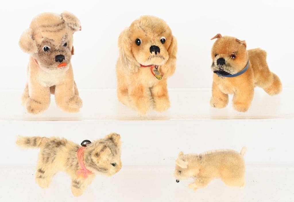 5- STEIFF ANIMALS: includes Standing Bulldog, Sitting Cocker Spaniel, Sitting Mopsy Dog, Standing Taby Cat, and Sitting Mouse. Largest 5" Excellent