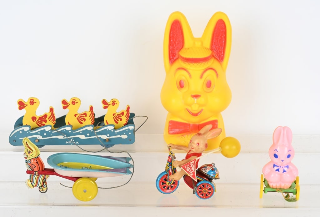 EASTER TOY LOT: Includes Wyandotte Wagon, Nona Ducks, Rabbit Trike, Rabbit Pull Toy, and Bunny Bank. All original. Largest 10" Excellent