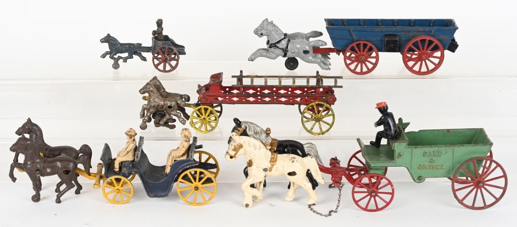 5- CAST IRON HORSE DRAWN TOYS: Lot of 5 Horse Drawn cast Iron Toys. Condition and ages vary.
