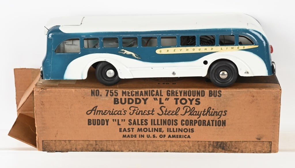 BUDDY L 755 WINDUP GREYHOUND BUS w/ BOX: Buddy L #755 Greyhound Bus. All original with very nice paint and decals. Has electric taillight. Windup works well with original key. Lights are untested.. Comes with nice original Box and instructio