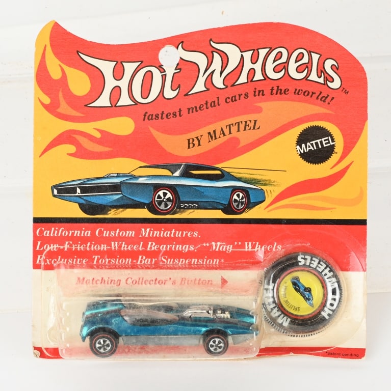 1969 HOT WHEELS REDLINE SPLITTIN IMAGE MOC: 1969 Hot Wheels Redline Splittin Image. Aqua in color. Minty sealed on blister pack with button. Small crack in bubble