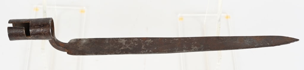 EARLY REVOLUTIONARY WAR SOCKET BAYONET: Early 18th Century Socket Bayonet is in excellent condition measuring roughly 15 inches with a 12 inch three sided, non fluted blade and has a 2 1/8 inch socket in excellent condition.