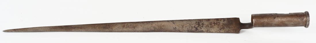 EARLY REVOLUTIONARY WAR BROWN BESS BAYONET: Socket Bayonet is in excellent condition measuring roughly 22 inches with a 17 1/4 inch blade in excellent condition. "Brown Bess" is a nickname of uncertain origin for the British Army's muzzle-loadi