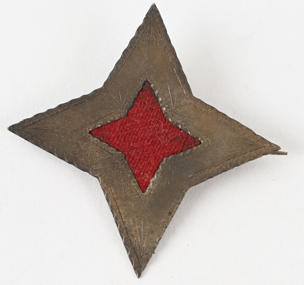 CIVIL WAR UNION ARMY 1ST DIVISION X CORPS BADGE: The Tenth Army Corps was created in September 1862 and consisted of Union forces in the Department of the South. metal badge in the design of a “square bastioned fort”, with red fabric cen
