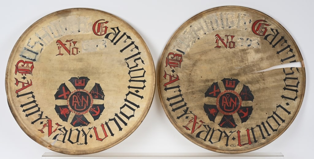 CIVIL WAR ARMY & NAVY UNION BASS DRUM HEADS: Hand painted Bass Drum Heads for an organization called The Army & Navy Union. The heads measure 29 inches in diameter with a split to each head. The Army and Navy Union (A&NU), formally the