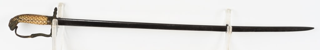 PRE CIVIL WAR EAGLE HEAD POMMEL SWORD: Pre Civil War brass hilt eagle head pommel sword with plain blade. The embellished kuncklebow is typical of this time period but is a little loose. Folding handguards are missing. The grip is bone wit