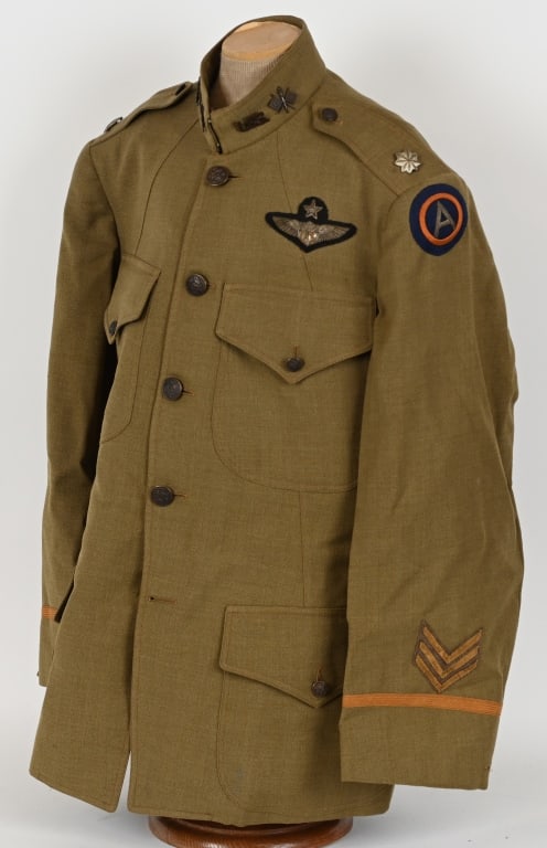 WWI US AIR SERVICE NAMED TUNIC w 1917 AVIATOR WING: WW1 US Air Service named, tunic with a beautiful bullion 1917 Aviator Badge. The uniform coat also is adorned with a 3rd Army bullion shoulder sleeve patch, three gold overseas stripes, US & Signals O