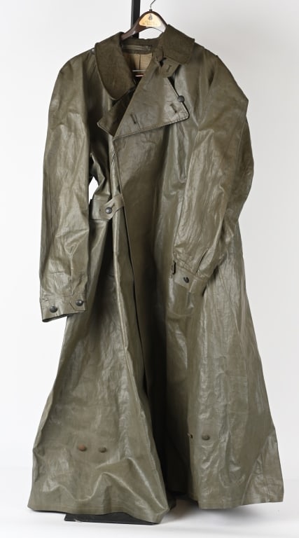 WWII NAZI OFFICER’S NCO’S RUBBERIZED RAINCOAT WW2: Private purchase, rubberized, field-gray fabric construction, double breasted style, full length, raincoat with fold back lapels and a large, lay down collar. The raincoat features dual, vertical, par