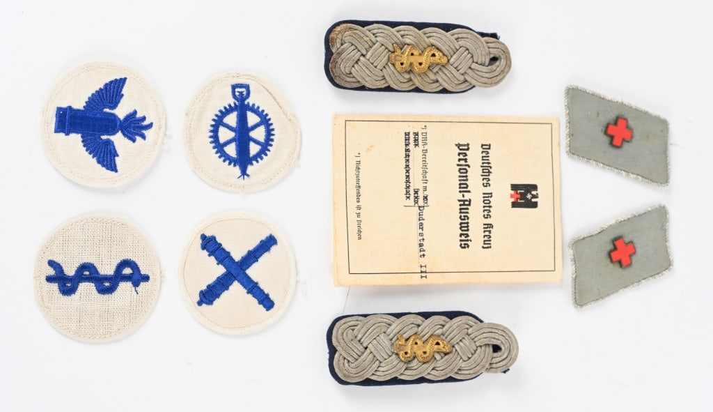 WWII NAZI GERMAN INSIGNIA LOT LUFTWAFFE DRK KM: WWII Nazi German insignia to include 1) VETERINARIAN WEHRMACHT SHOULDER BOARDS. Late war pattern, (Circa 1944-1945), sew on shoulder boards in interwoven, matte, silver/aluminum Russian braid with sta