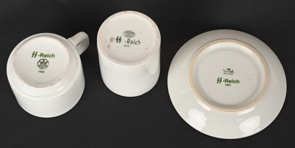 WWII NAZI GERMAN MESS HALL SS REICH MARKED ITEMS: WWII Nazi German Waffen SS Mess Hall items to include 1) WWII NAZI GERMAN SS REICH MESS HALL COFFEE CUP. 2.5" tall, approximately 3.5" across. Short porcelain coffee cup with handle. Marked on the bot