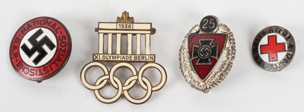 WWII NAZI GERMAN MEMBERSHIP BADGE LOT NSDAP DRK: WWII Nazi German membership badge lot to include 1) NSDAP MEMBERSHIP BADGE "M1/25". Standard issue membership badge awarded to all personnel on acceptance as an official party member. 23mm diamet