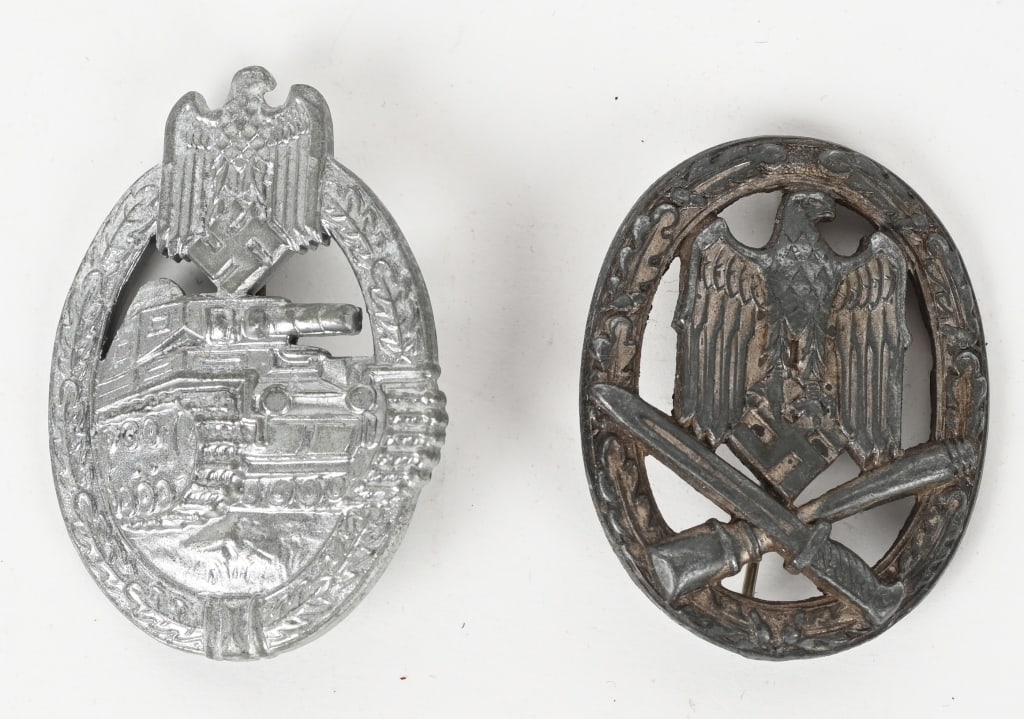 WWII NAZI GERMAN PANZER & INFANTRY ASSAULT BADGE: WWII Nazi German Assault Badge lot to include 1) GENERAL ASSAULT BADGE. Die struck, semi hollow backed, alloy construction award with a silver finish. The nicely detailed badge features a cut-out