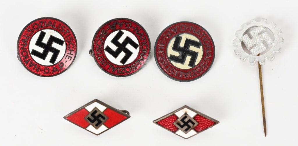 WWII NAZI GERMAN NSDAP & HITLER YOUTH MEMBER BADGE: WWII Nazi German NSDAP Party Pin and Hitler Youth Badge lot to include 1) NSDAP MEMBERSHIP BADGE M1/3. Standard issue membership badge awarded to all personnel on acceptance as an official party 