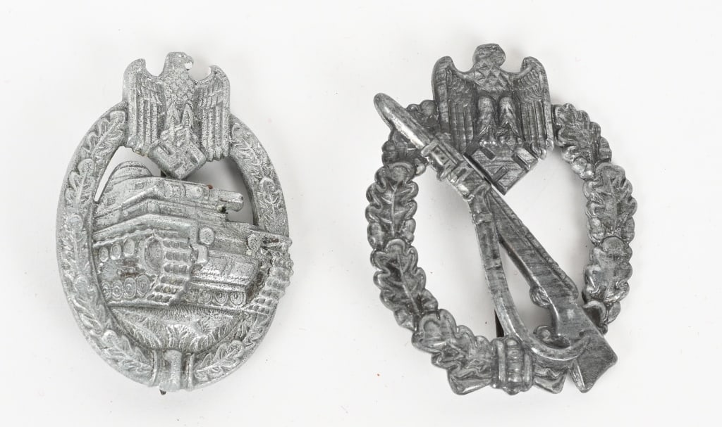WWII NAZI GERMAN PANZER INFANTRY ASSAULT BADGE LOT: WWII Nazi German lot of medals to include 1) PANZER ASSAULT BADGE SILVER. Nicely detailed, die stamped, semi hollow backed, alloy construction award with a nickel/silver plate. The badge is in the for