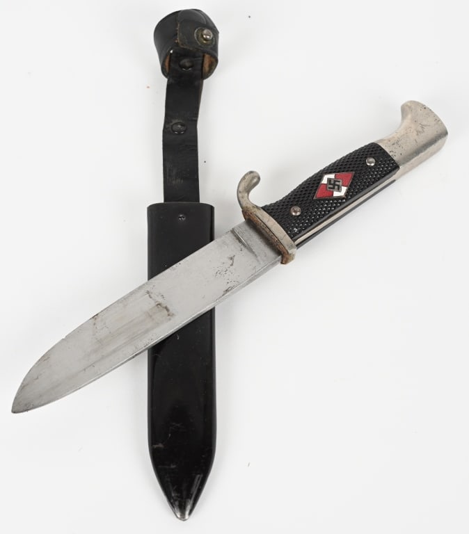 WWII NAZI GERMAN HITLER YOUTH KNIFE WW2 M7/13 WW2: HJ camp knife, without blade motto, has a roughly, 5 1/8", (13 cm), long, drop forged, steel construction, single edged, non-fullered, nickel/silver plated, blade and a full length, including the hilt