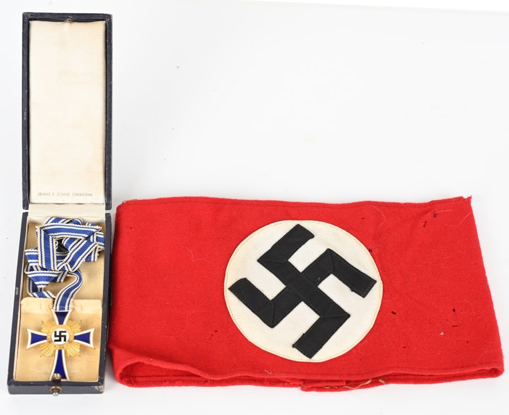 WWII NAZI GERMAN NSDAP ARMBAND & MOTHERS CROSS: Lot of WWII Nazi German items to include 1) NSDAP MEMBER’S ARMBAND. Red wool armband, upon which is sewn a white disk, with a separate black mobile swastika sewn to it. The armbandR