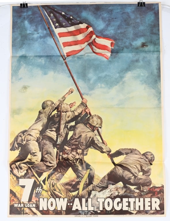 WWII U.S. MARINES AT IWO JIMA POSTER 1945 WW2: Original 36" by 26" 7th War Loan poster depicting the Marines raising the American Flag on Mount Suribachi on Iwo Jima in 1945. This poster was produced from a painting by C.C. Beall who painted Joe R