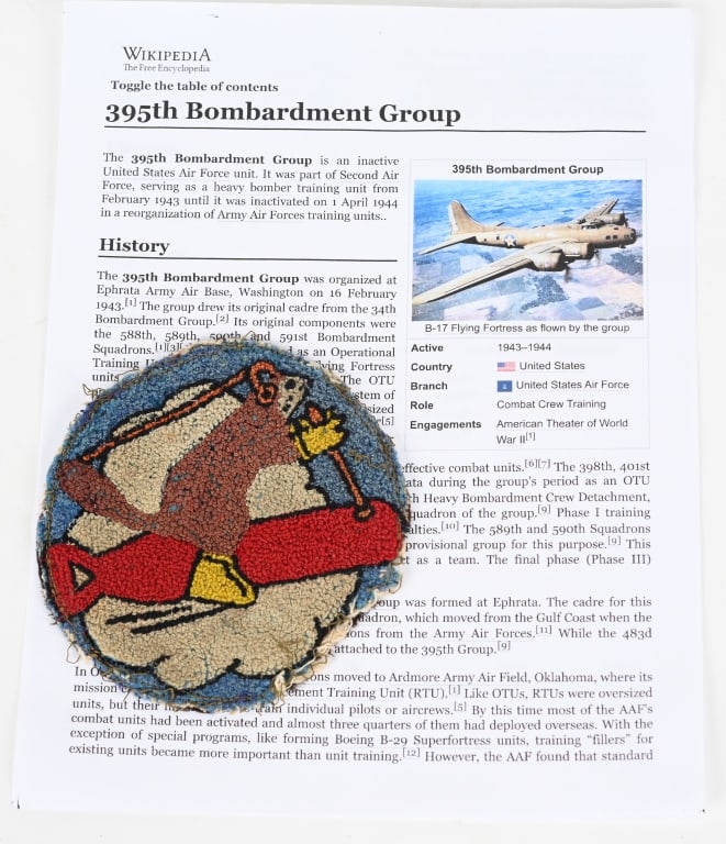 WWII US ARMY AIR CORPS 395TH BOMB GROUP PATCH WW2: WWII US Army Air Corps 395th Bombardment Group Chaneil Squadron Patch measuring 5 inches in diameter. History: The 395th Bombardment Group was organized at Ephrata Army Air Base, Washin