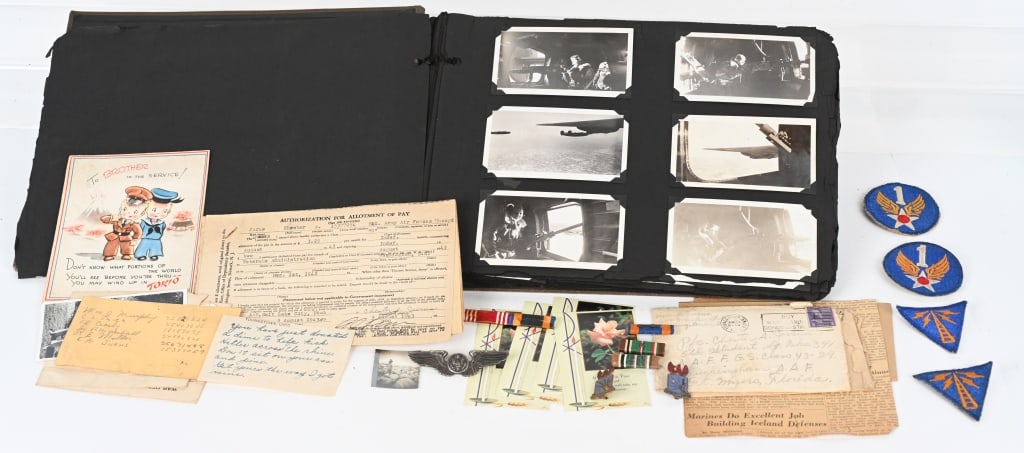 WWII 451ST BOMB GROUP PHOTO ALBUM BADGES PAPER WW2: Fantastic, WWII Air Crew Photo Album, Insignia, and other ephemera lot to include 1) PHOTO ALBUM OF SGT. CHESTER JURUS OF THE 451ST BOMB GROUP. Album has 102 black and white photos with sev