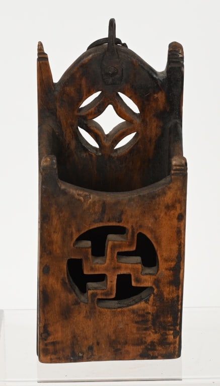 WWII NAZI GERMAN CANDLE HOLDER W SWASTIKA HJ WW2: WWII Nordic Swastika wooden box most likely used as a candle holder measuring 9 1/2 X 4 3/8 X 3 inches with Wrought Iron furniture for hanging. The box reminds me of a Hitler Youth or school