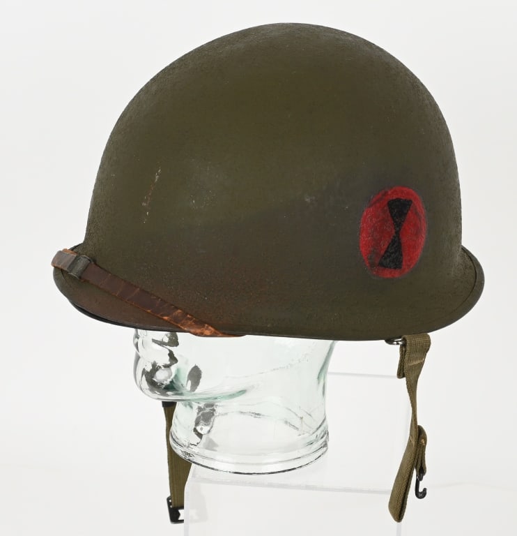 WWII US ARMY 7TH DIVISION PAINTED M1 HELMET WW2: WWII US Army Front Seam, Swivel Bail 7th Division Painted helmet with a heat stamp of 350 S. Liner was produced by Seaman Paper Company. To each side a hand painted divisional insignia of the 7th Divi