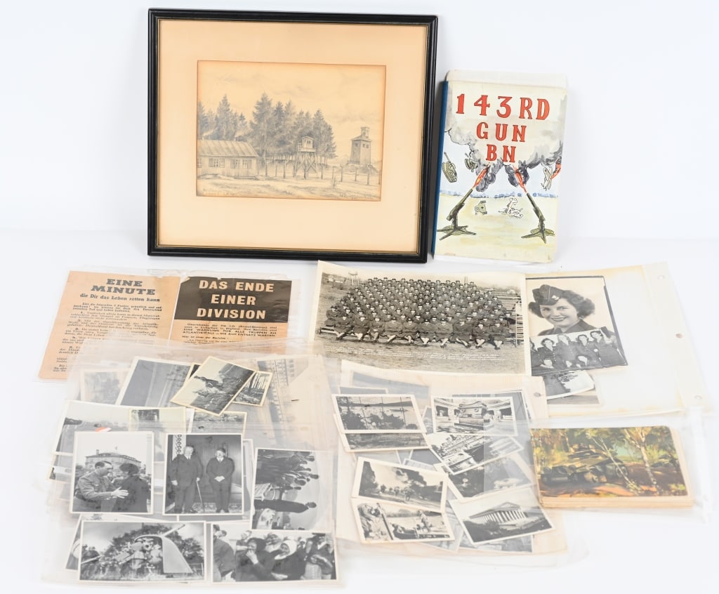 WWII 143rd GUN BATTALION UNIT HISTORY NAZI PHOTOS: Lot of WWII Ephemera to include 1) 143rd Gun Battalion Unit History. The book is titled 143RD GUN BN and was compiled by officers and EM of the the 143rd AAA Gun Battalion. It was printed by Richard B