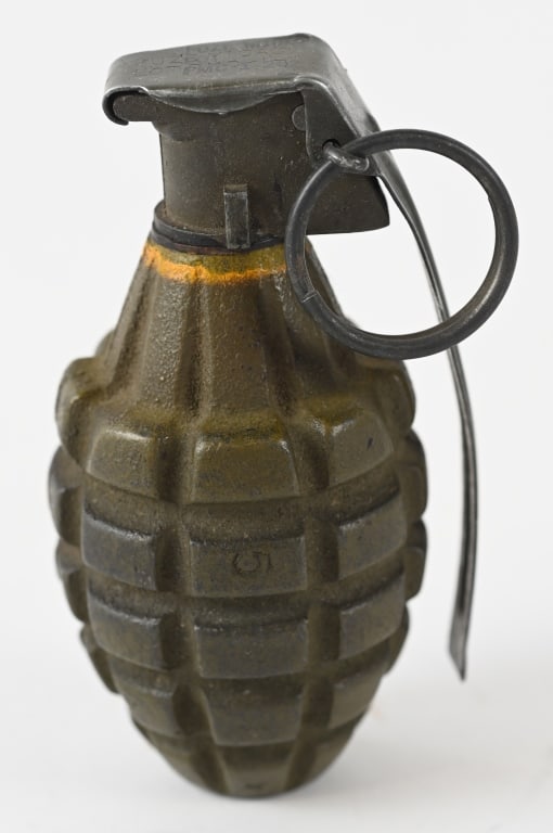WWII US ARMY USMC MARINE CORPS MKII HAND GRENADE: WWII US MkII Fragmentation Grenade. Green Painted High Explosive Pineapple Grenade with yellow band & M6 Series Fuze Head. Note Many Yellow Grenades Were Over Painted With Green to conceal in the fiel