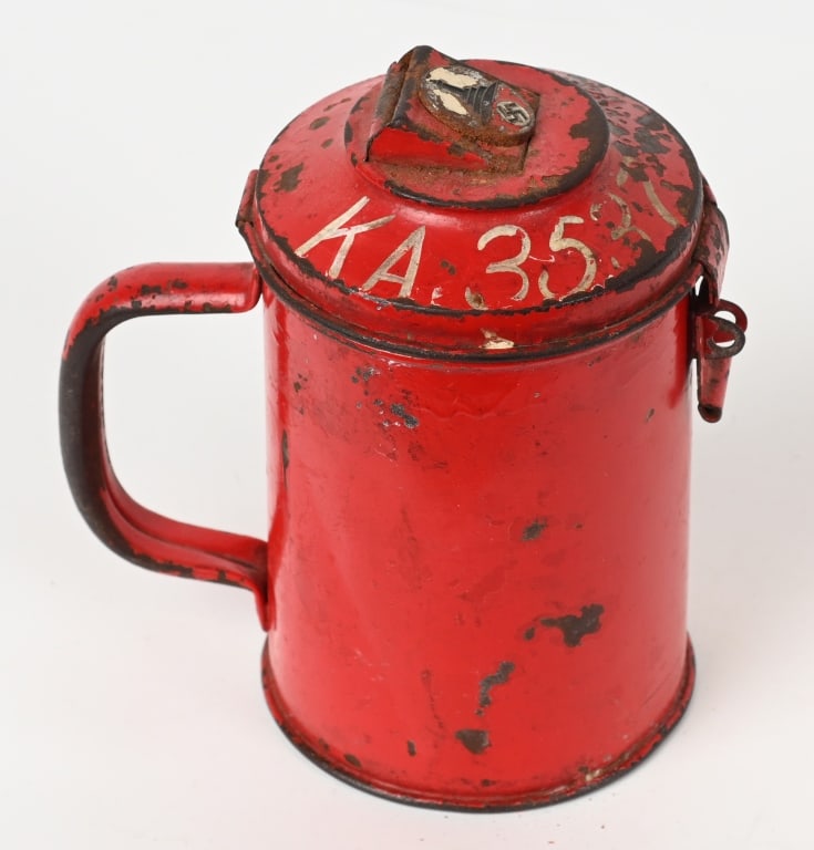 WWII NAZI GERMAN NS-RKB WHW RED DONATION CAN WW2: Original era manufacture. All steel construction with a red paint finish. Embossed lettering at the bottom edge of the can, "Gau Niederdonau" with a unit marking from the NS-RKB. Excellent. The W