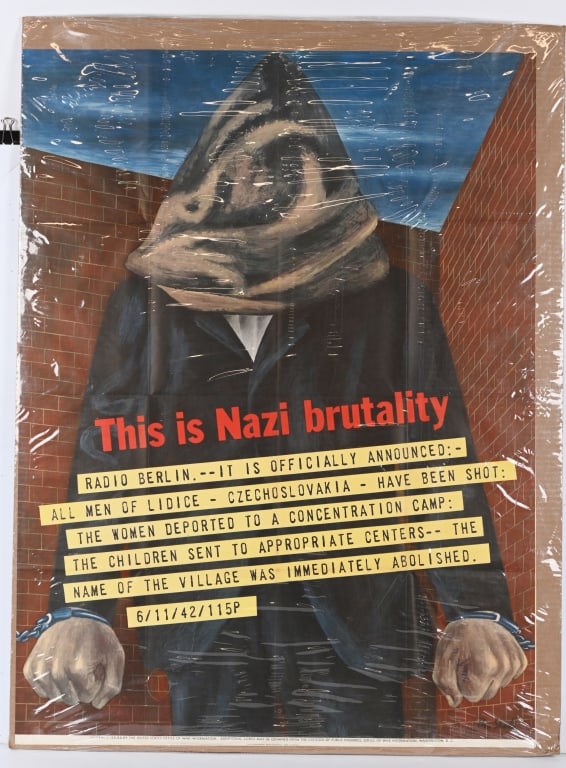 WWII NAZI BRUTALITY POSTER 1942 WW2: About 38" by 28", dated 1942, graphic poster depicting a man about to be executed, and the text in the form of a telegram from Radio Berlin talks about about the massacre at Lidice Czechoslovakia. Thi
