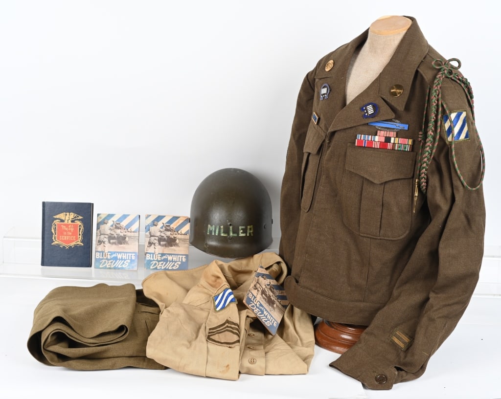 WWII NAMED 3rd INFANTRY DIVISION UNIFORM GROUPING: Named WWII uniform of a member of the 3rd Infantry Division, 7th Infantry. The Ike jacket is nicely decorated with a OD border shoulder sleeve insignia, US and Infantry collar disk, Croix de Guer