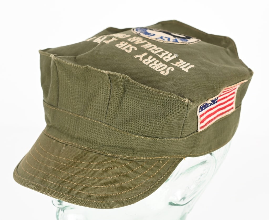 VIETNAM ERA THEATER MADE CAP OR HAT W PATCHES: Attractive theater made cap or hat that is direct embroidered. To the top of the cap "SORRY SIR I'M NOT THE REGULAR CREW CHIEF" along with a theater made patch Fly United. To each side, an American Fl