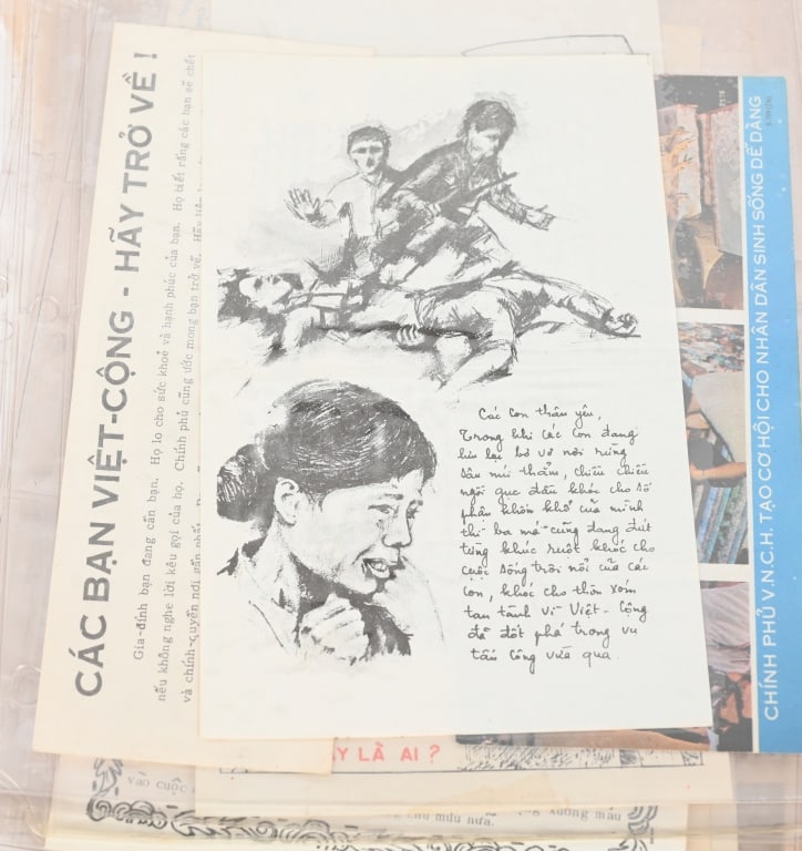 VIETNAM WAR PROPAGANDA & CHIEU HOI LEAFLETS: Lot of PSYOPS, Propaganda and Chieu Hoi leaflets. All in excellent condition. 22 in total with period Vietnamese postage Stamps. Defection was urged by means of a propaganda campaign, 