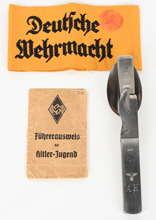 WWII NAZI GERMAN MILITARY LOT HJ HEER CUTLERY SET: WWII Nazi German lot to include 1) FIELD ISSUE CUTLERY SET. Standard issue, tooled, stainless steel/aluminum construction field cutlery set. The set consists of a stainless steel butter knife, four ti