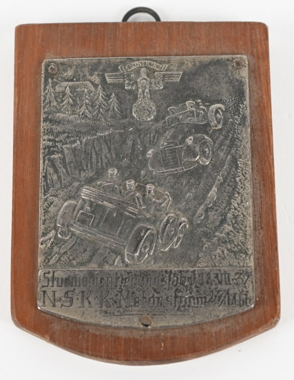 WWII NAZI GERMAN NSKK 1937 MOTORSTURM 27/M66 WW2: Small wooden plaque measuring 4 X 3 inches with a cast metal placard. The plaque is for the NSKK Motorsturm 27/M66 storm orientation trip 18.7.1937. Excellent. 