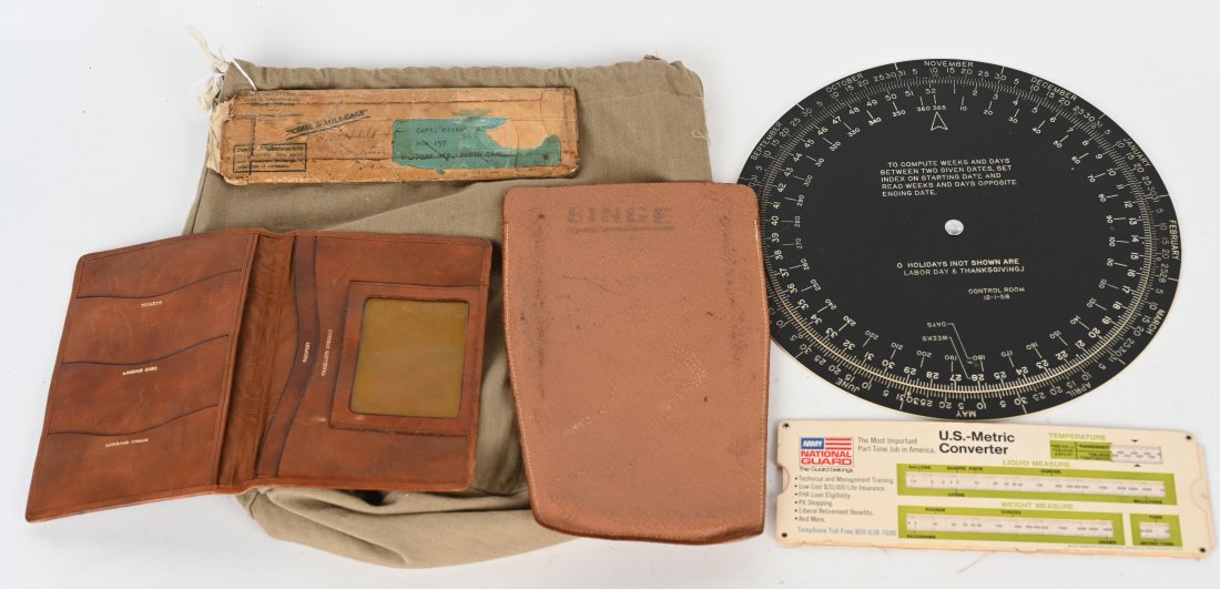 US AIR FORCE NAVIGATION KIT COMPUTER COMPASS: US Air Force Navigators kit to include Flight Compute measuring 10 inches and dated 12-1-58 in mint condition. Course & Mile-Gage M2. Large leather wallet. US Metric Converter. Compass all are in exce
