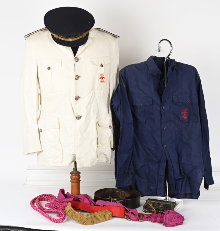 WWII SPANISH FALANGE SUMMER FASCIST UNIFORM W HAT: WWII Spanish Fascist Complete Officers Summer White Uniform complete with Sash, Belt and Officers Cap. The visor was produced by Casa Yustag of Madrid with minor damage. The White Summer Uniform coat 